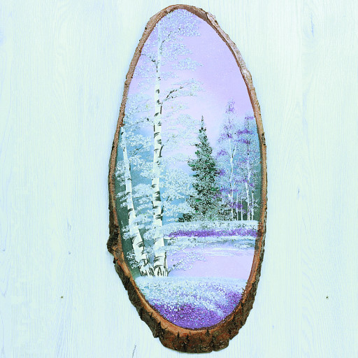 14160801 - Картина на спиле дерева русские березы 55 см зима