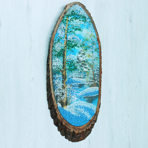 14160802 - Картина на спиле дерева вековые сосны 55 см зима