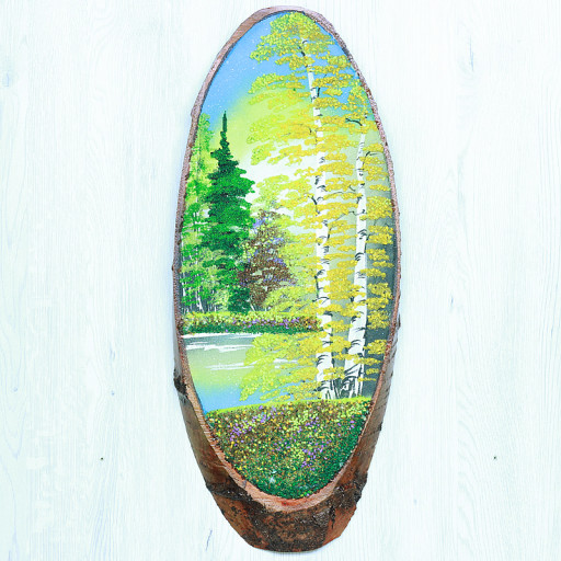 14160865 - Картина на спиле дерева утренний лес 55 см осень