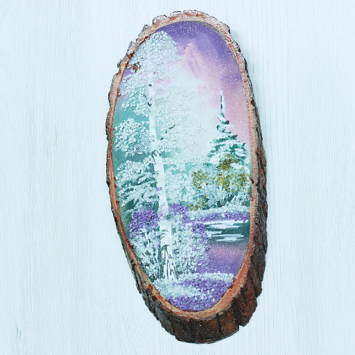 14160303 - Картина на спиле дерева одинокая береза 30 см зима.