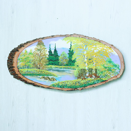 14161171 - Картина на спиле дерева русские березы 70 см осень.