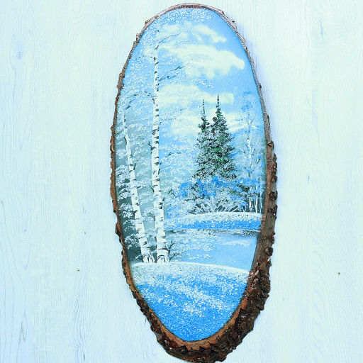 14161001 - Картина на спиле дерева русские березы 65 см зима