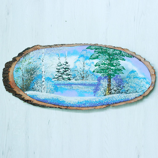 14161012 - Картина на спиле дерева вековые сосны 65 см зима