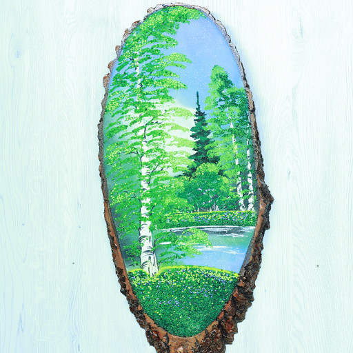 14161033 - Картина на спиле дерева одинокая береза 65 см лето