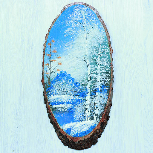 14160501 - Картина на спиле дерева русские березы 40 см зима.