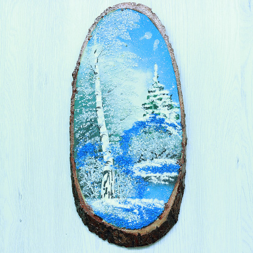 14160503 - Картина на спиле дерева одинокая береза 40 см зима.