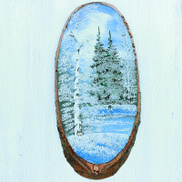 14160903 - Картина на спиле дерева одинокая береза 60 см зима